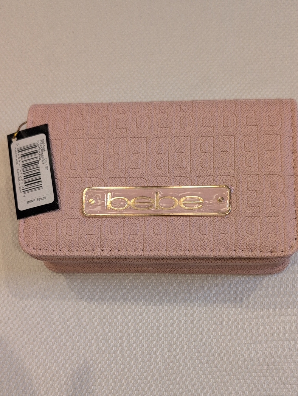 bebe Light Pink Textured Logo Handbag with Gold Plate